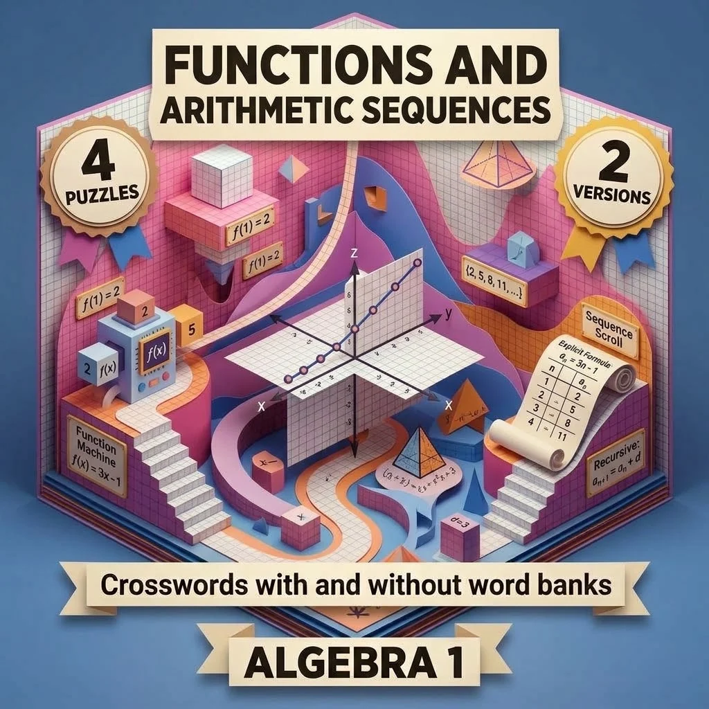 Algebra 1 Functions and Arithmetic Sequences Crosswords with Word Bank