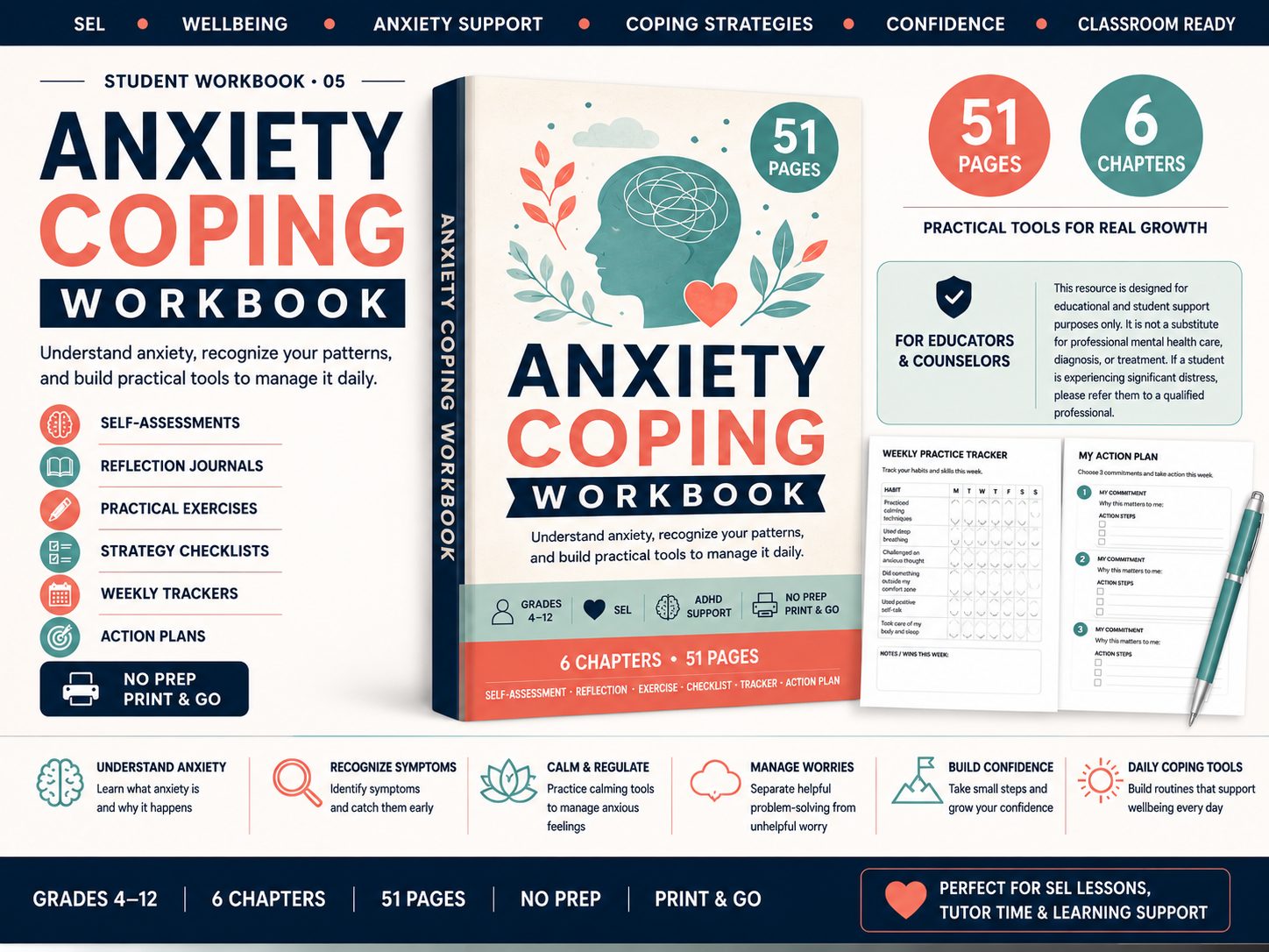 Anxiety Coping Workbook | SEL Wellbeing & Coping Skills Activities