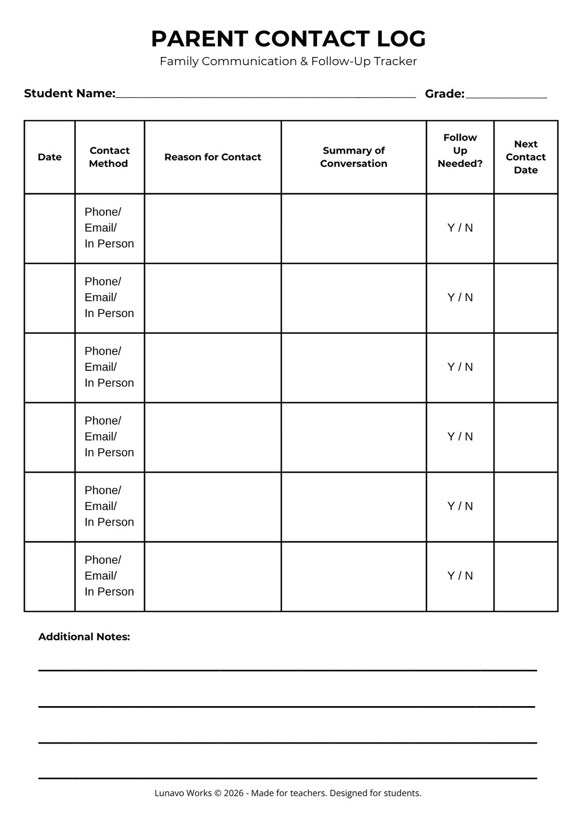 Parent Contact Log | Printable Family Communication Tracker