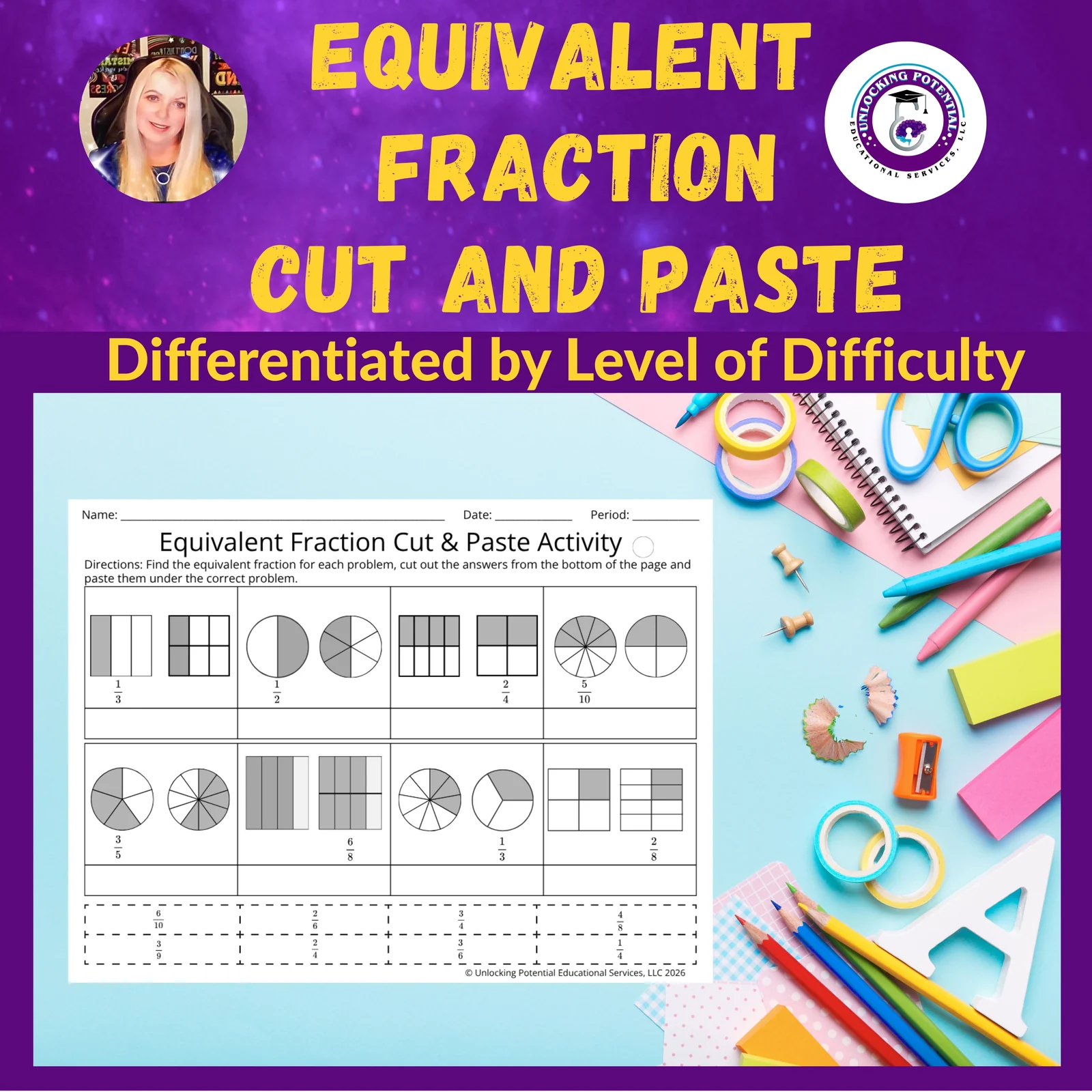 Differentiated Equivalent Fraction Cut and Paste Activity for Grades 3 and 4