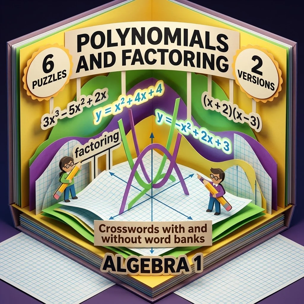 Algebra 1 Polynomials Operations and Factoring Crosswords with Word Bank