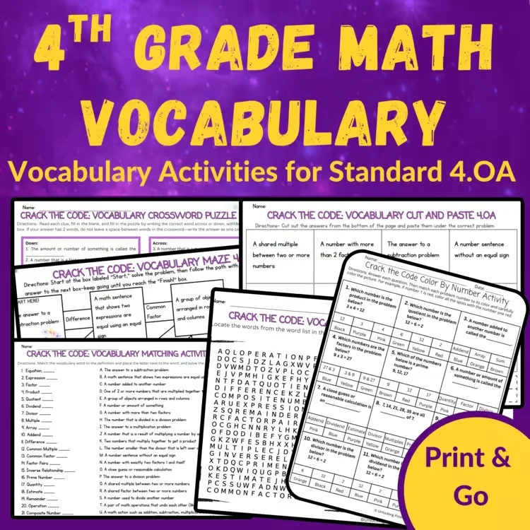 Crack the Code Math Vocabulary Activity Pack | 6 Activities for 4.OA Review