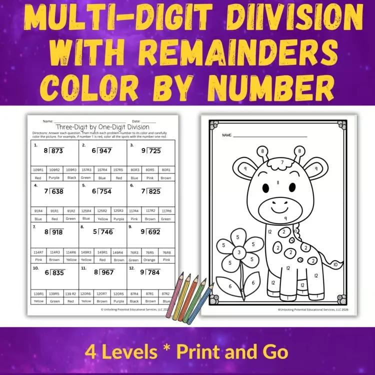 Long Division with Remainders Color by Number | 4th- 5th Grade Math Activities