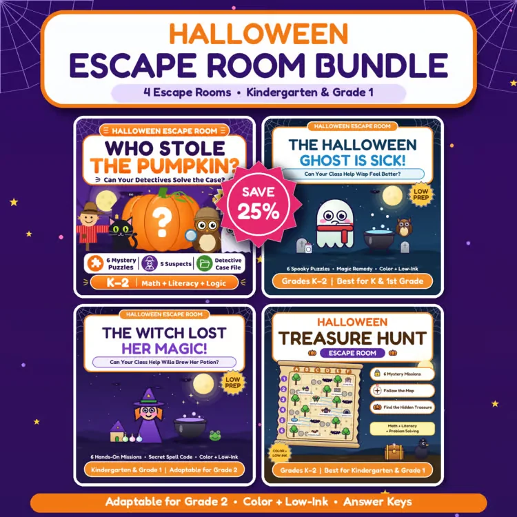 Halloween Escape Room Bundle | K–2 Math & Literacy