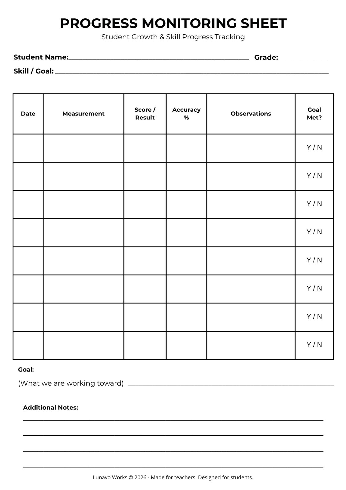Progress Monitoring Sheet | Printable Student Growth Tracking Form