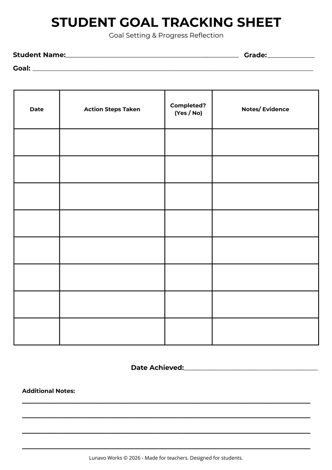 Student Goal Tracking Sheet | Printable Progress Reflection Form