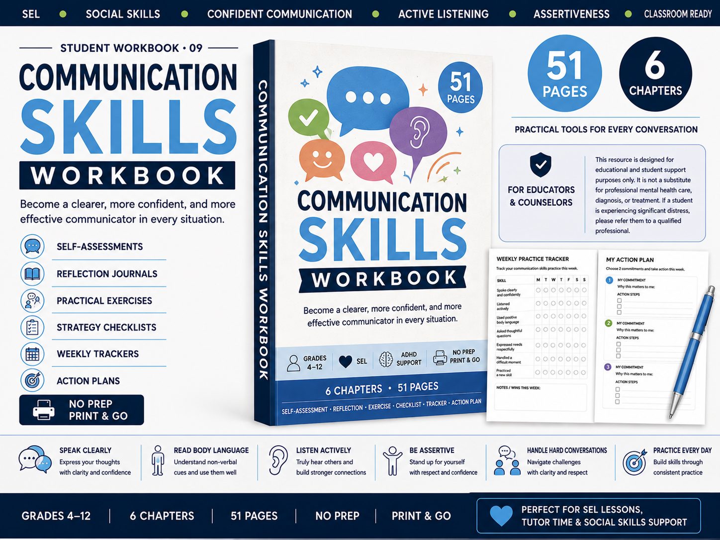 Communication Skills Workbook | SEL Social Skills & Listening Activities