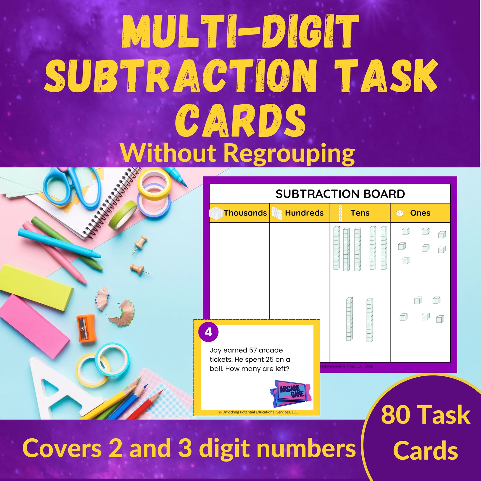 Subtraction Word Problem Task Cards No Regrouping CRA-Friendly 2nd 3rd Grade