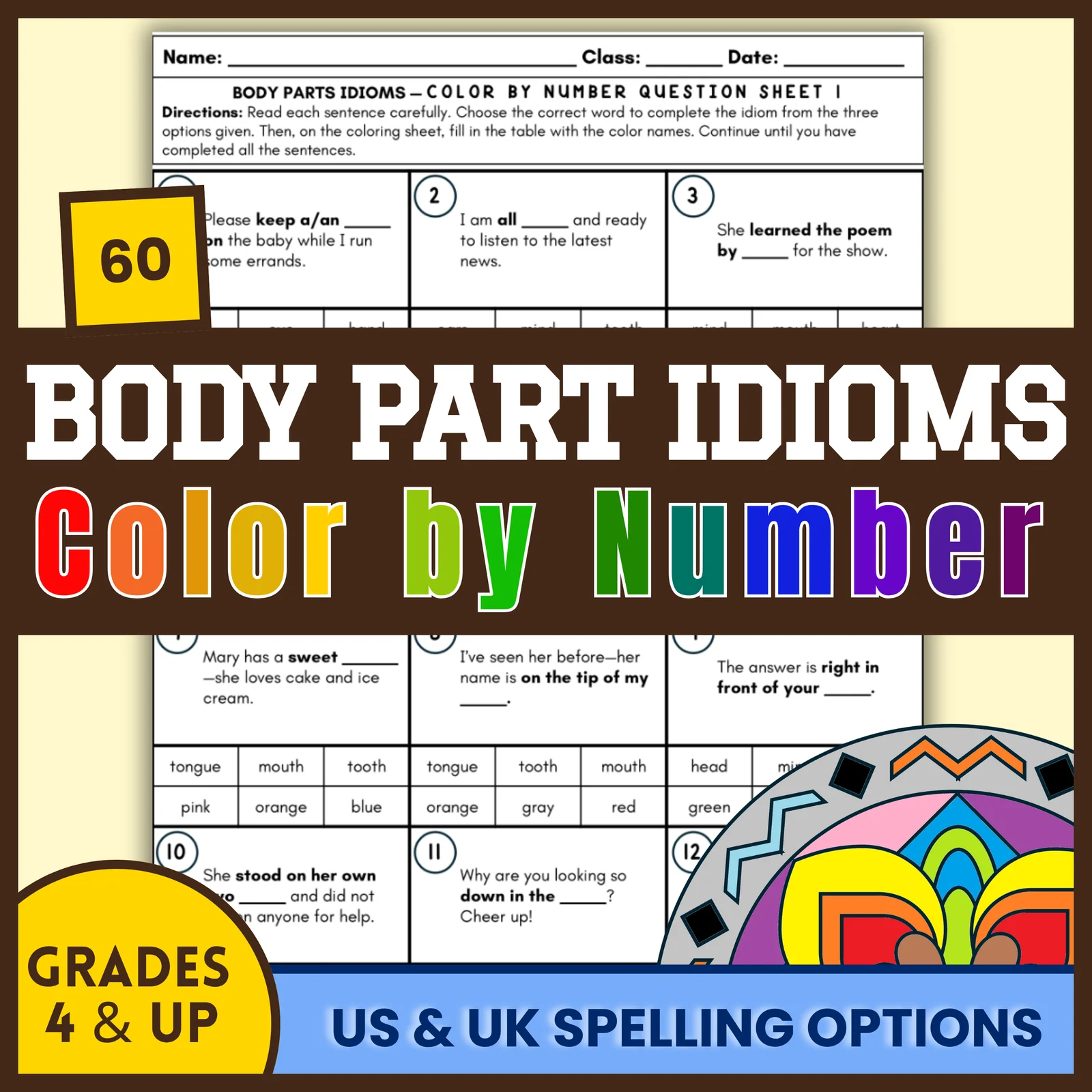 60 Body Part Idioms Color by Number | Figurative Language | Grades 4+ | ESL |