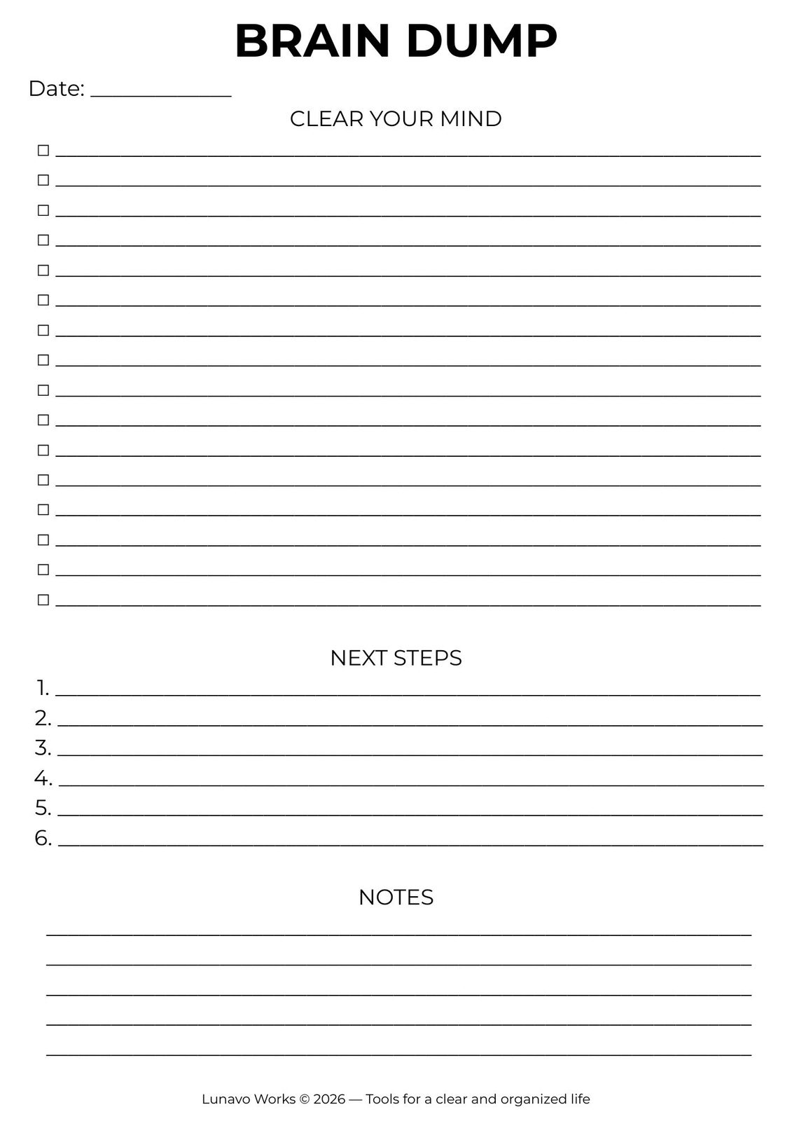 Brain Dump Worksheet | Printable Mind Clearing Planner