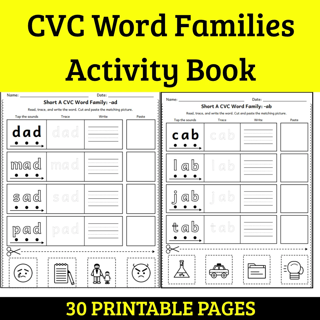 CVC Word Families Activity Book, Short Vowel Phonics Worksheets, Kindergarten Trace Write Cut and Paste, Printable PDF