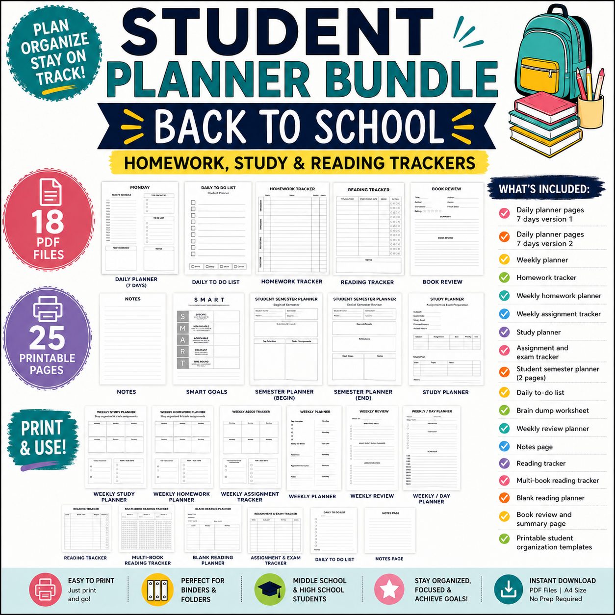 Student Planner Bundle | Study, Homework & Reading Trackers