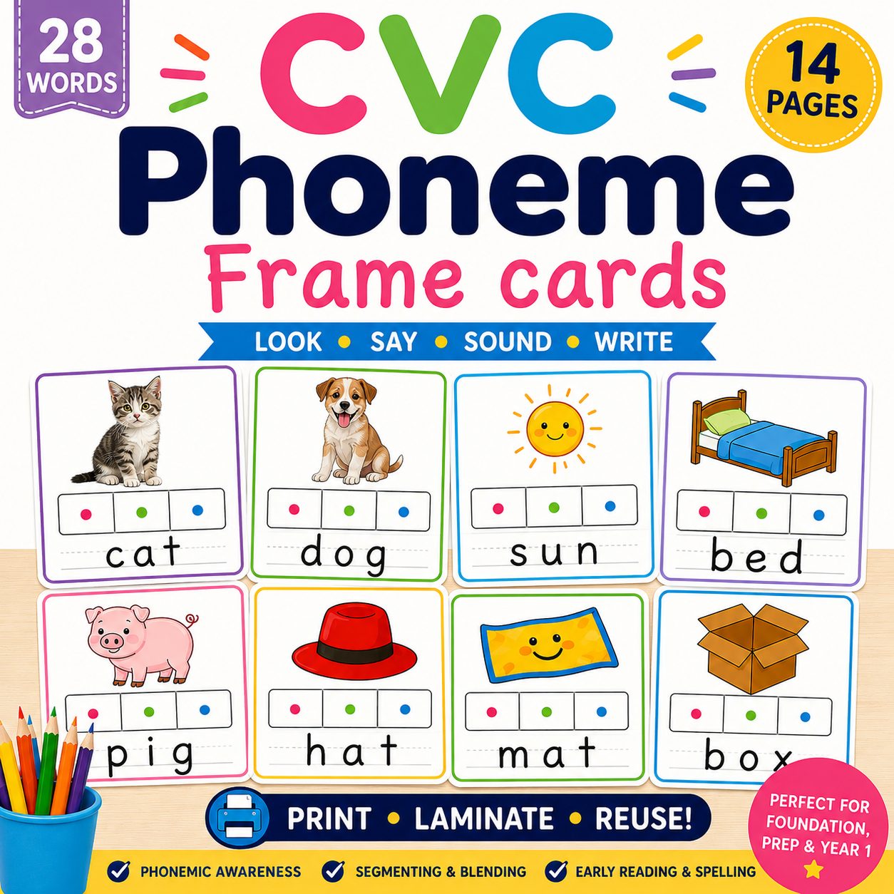 CVC Phoneme Frame Cards 28 CVC Words & Pictures