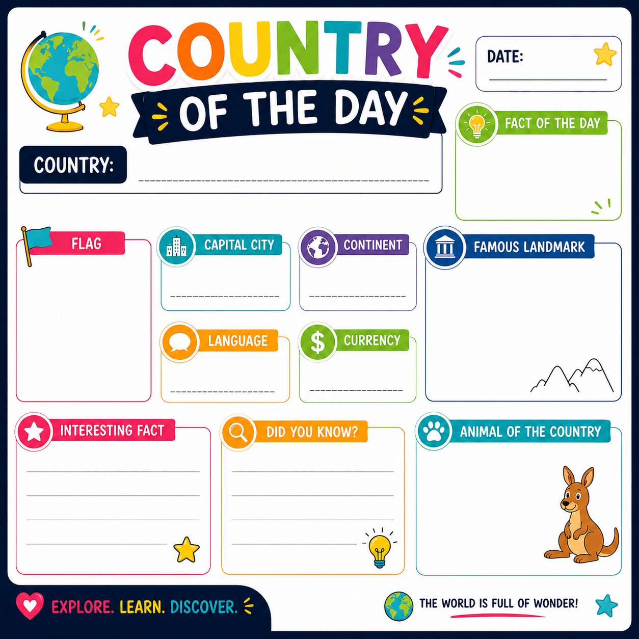 "Country of the Day" Worksheet - Reusable, No-Prep & FREE