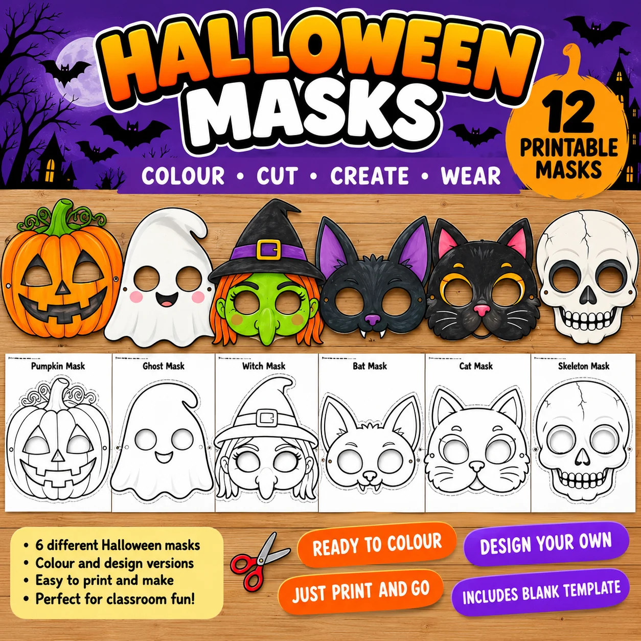 Halloween Masks Craft Pack | 12 Printable Color & Coloring Masks