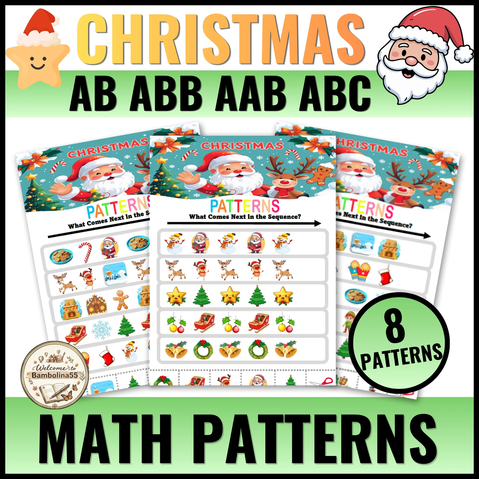 Christmas Santa Finish the Pattern Worksheets Activity for PreK and Kindergarten
