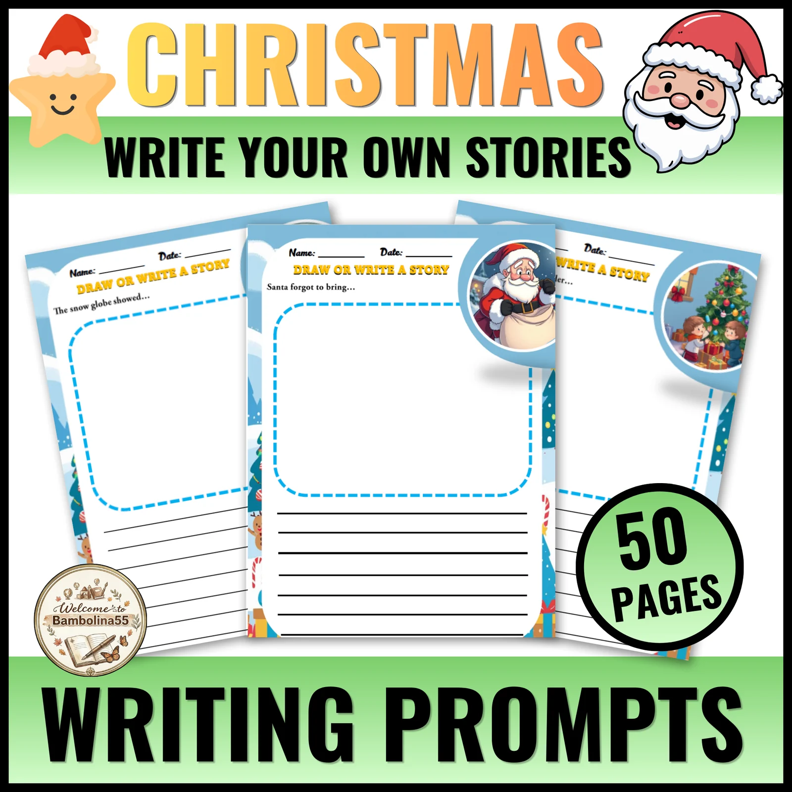 Christmas Santa Story Starters Writing Prompts for Kindergarten : 3rd