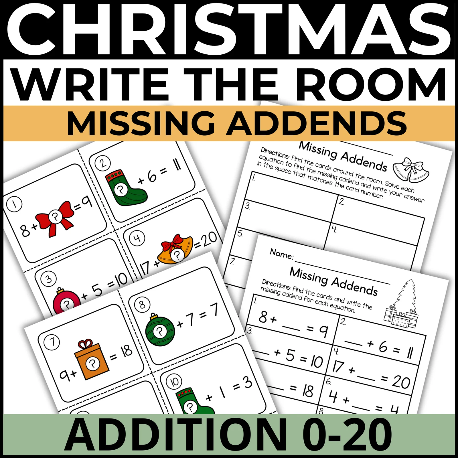 Christmas Write the Room Addition 0-20 Math Activity, Missing Addends Task Cards, Winter Math Activity
