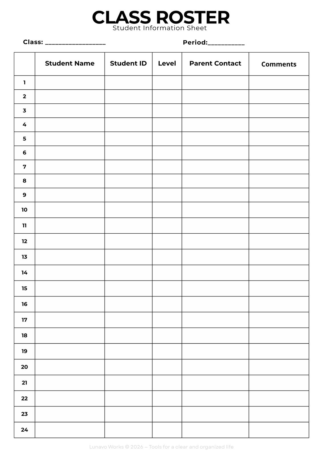 Class Roster Form | Printable Student Information Sheet