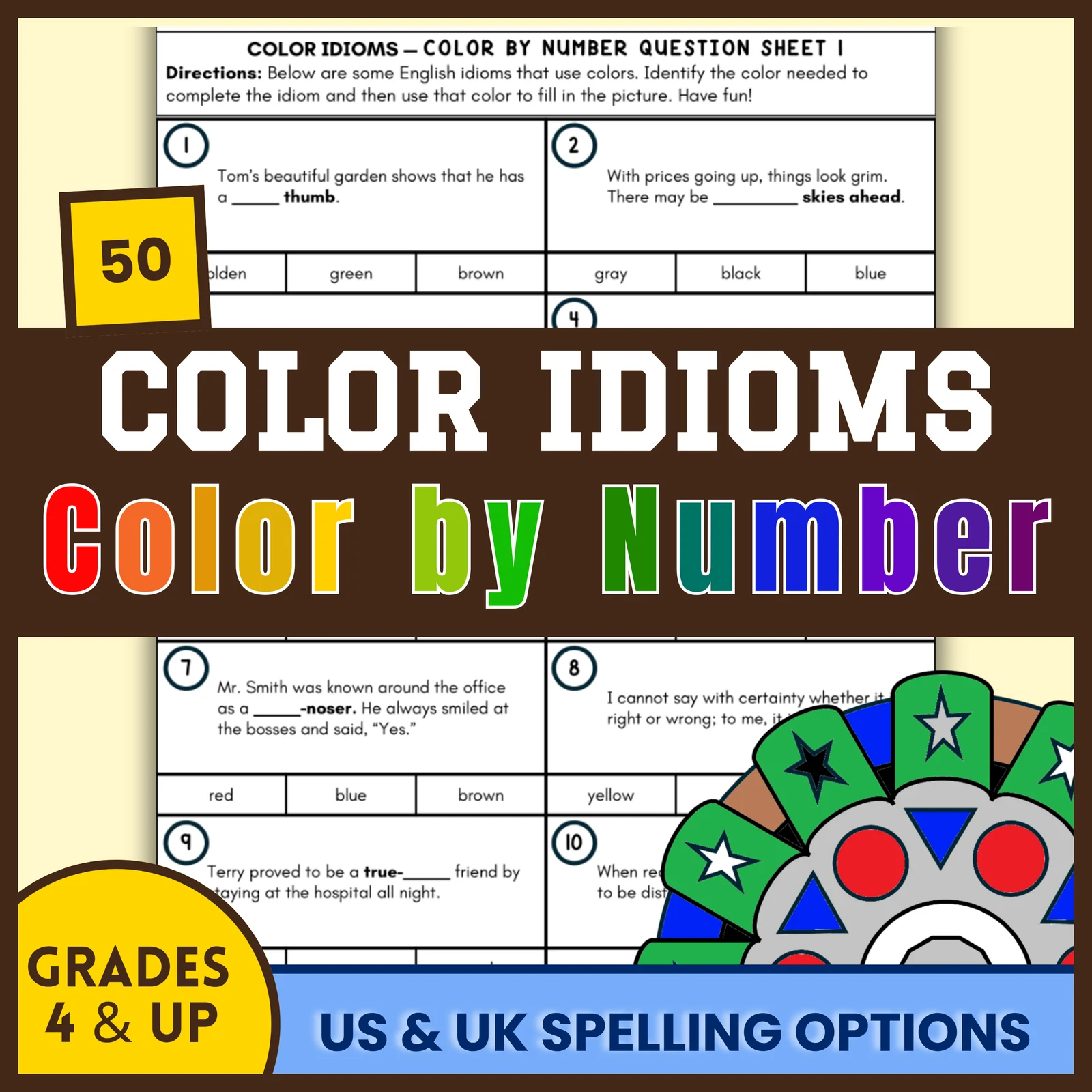 50 Colour Idioms Colour by Number for Grades 4 & Up, ESL/ELL/EAL