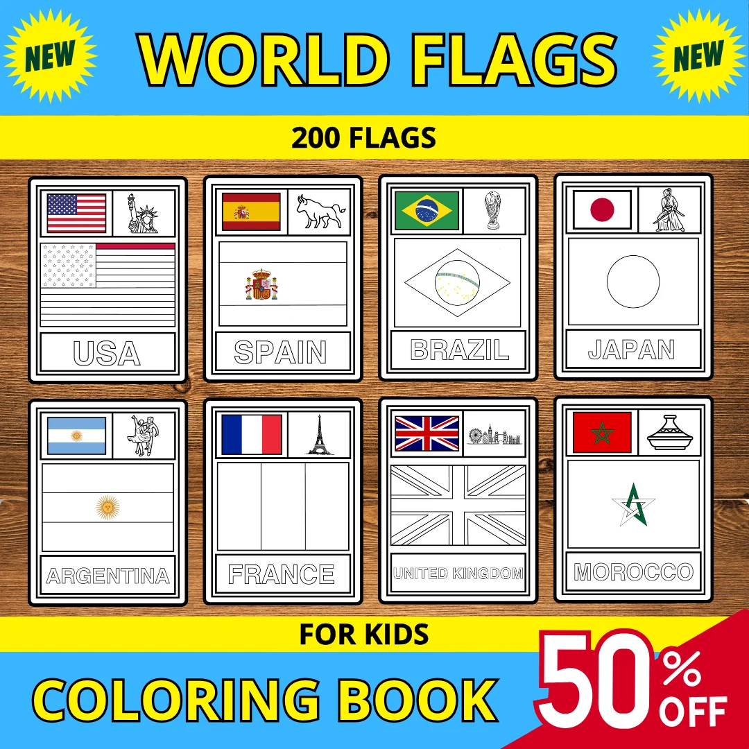 200 World Flags Coloring Book for Kids | Geography Coloring Pages Printable PDF - 2027