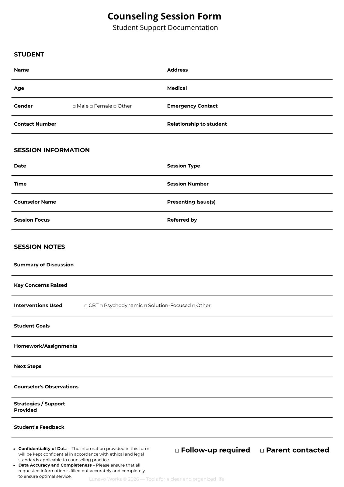 Counseling Session Form | Printable Student Support Documentation