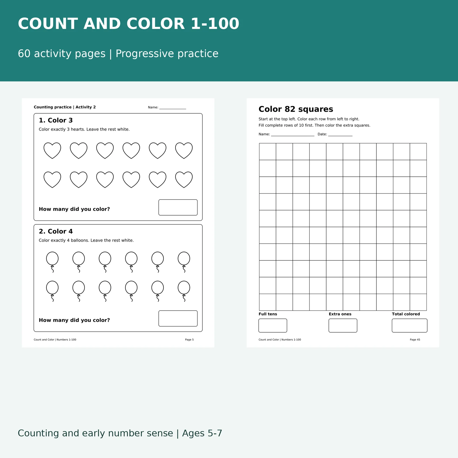 Count and Color 1-100 Worksheets | Picture Counting, Tens and Ones, Hundred Grids