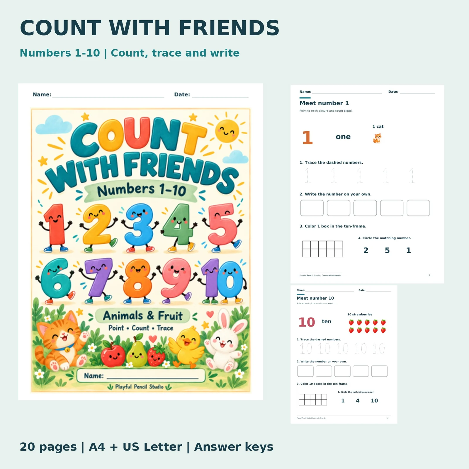 Numbers 1–10 Activity Workbook | Animals & Fruit | Counting & Number Tracing | Preschool & Kindergarten