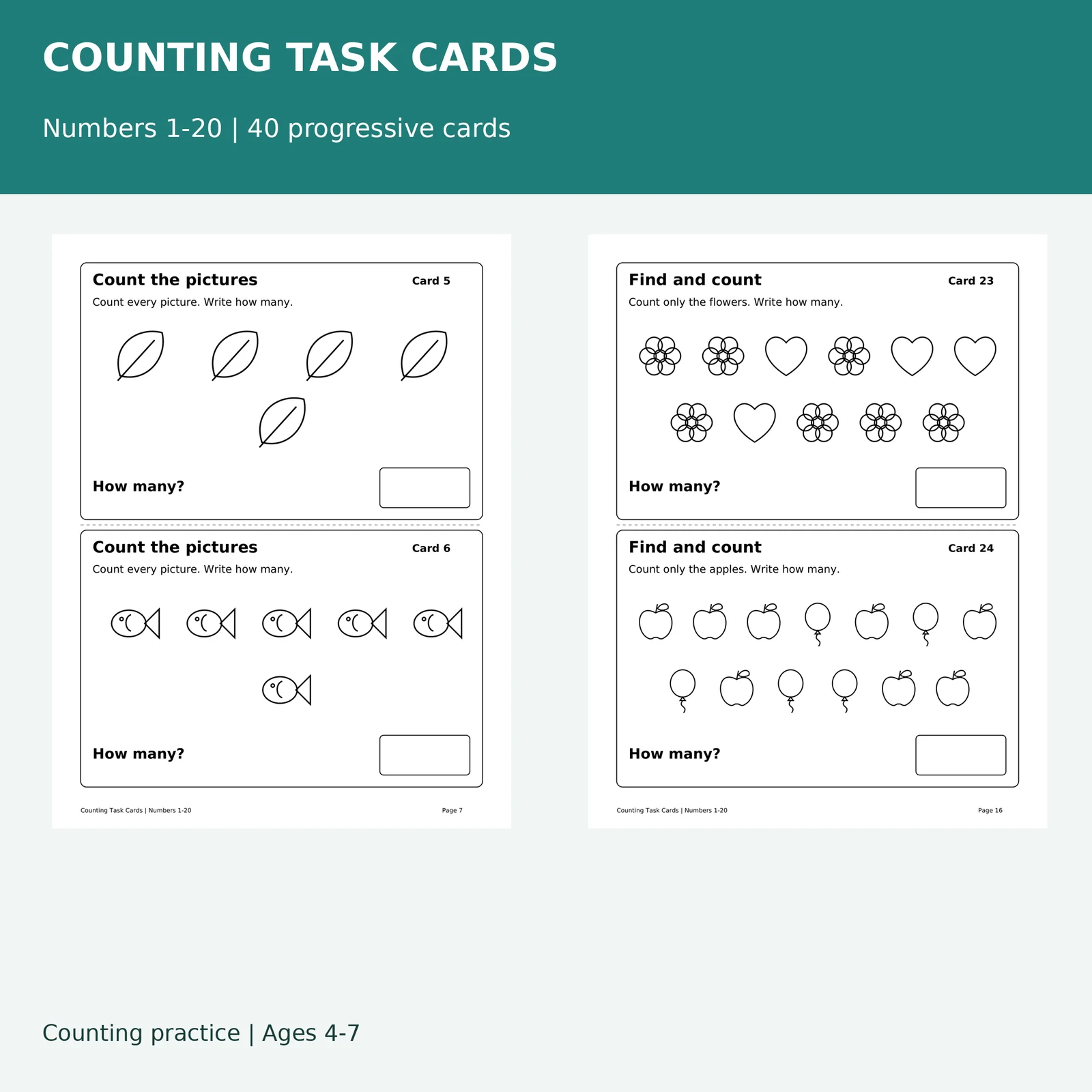 Counting Task Cards (Numbers 1–20)