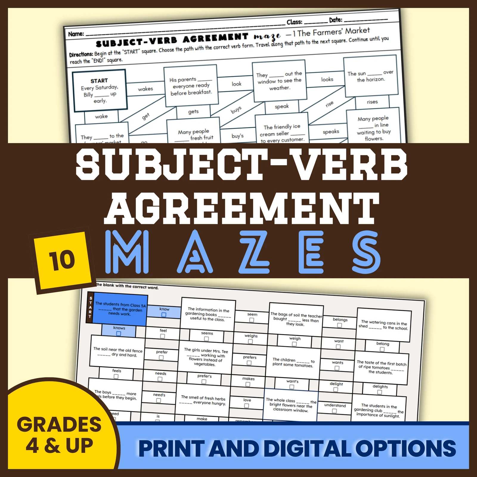 Subject-Verb Agreement Mazes for 4th Grade and Up, ESL — Print and Digital