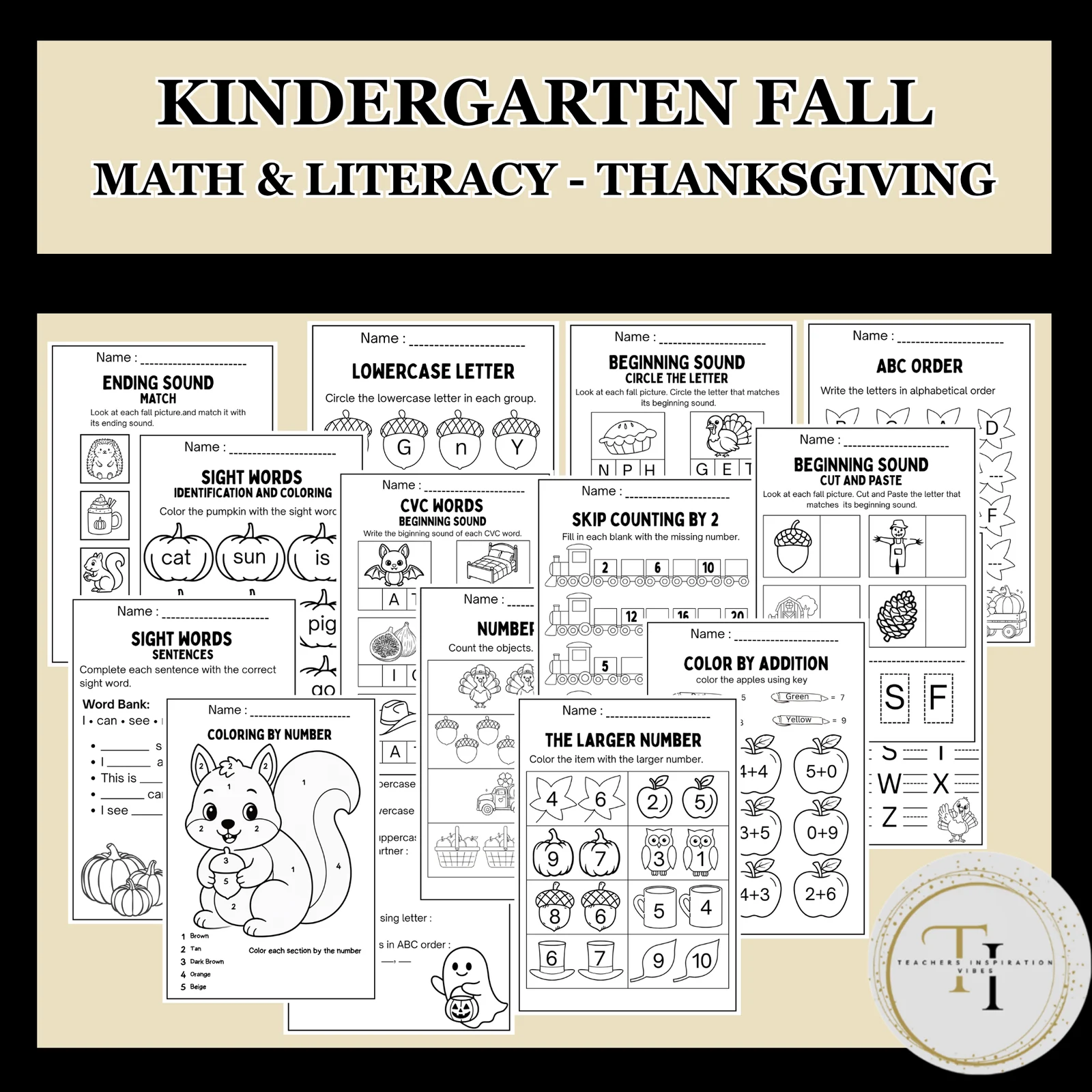 Kindergarten Fall Math and Literacy Activities | NO PREP | Thanksgiving