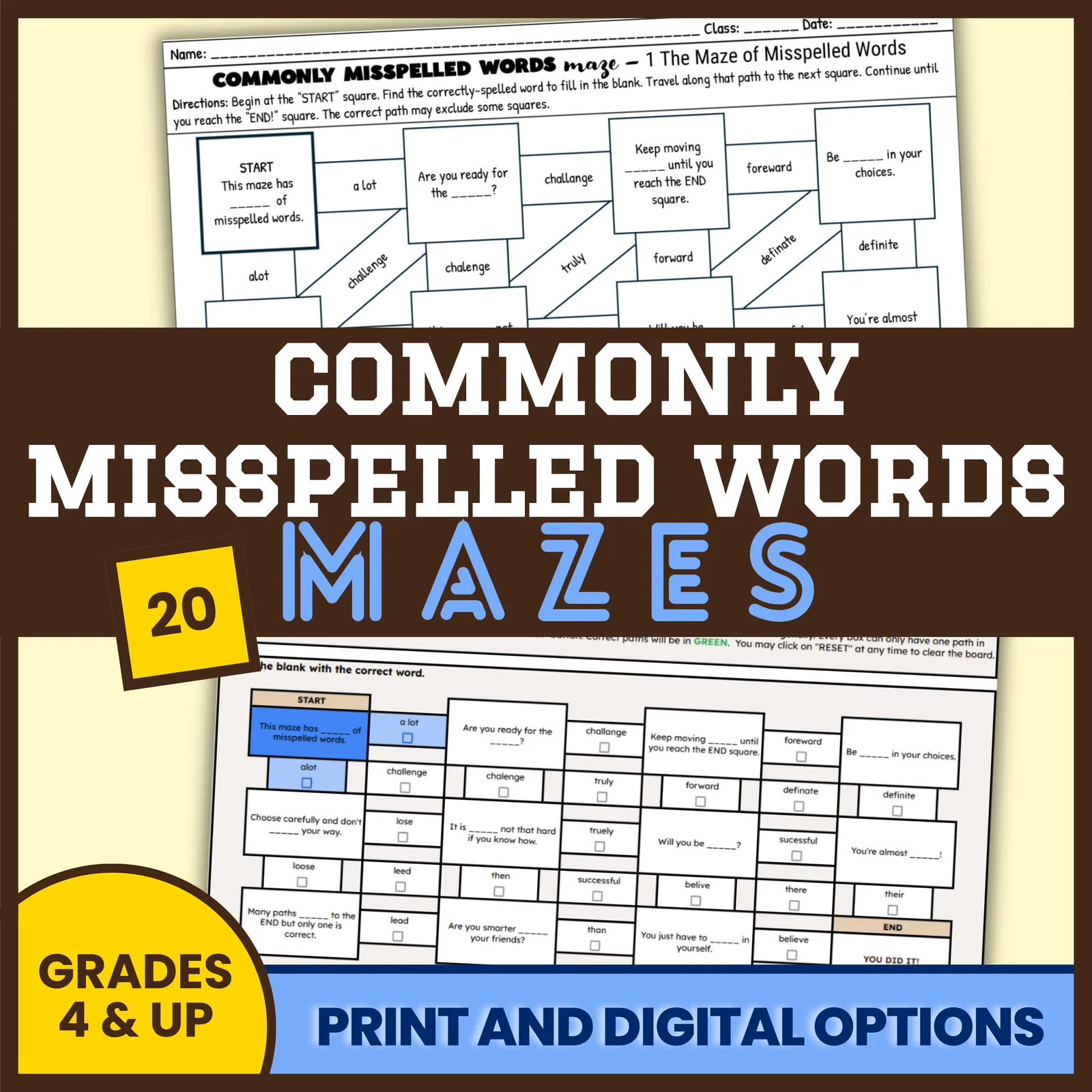 Commonly Misspelled Words Mazes for Grades 4 and Up, ESL — Print and Digital