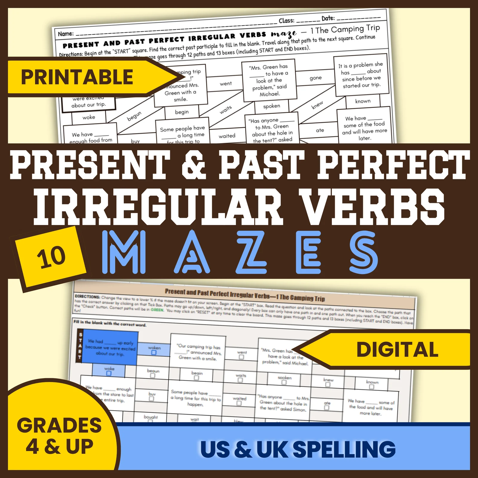 Present & Past Perfect Irregular Verbs Mazes for Grades 4 & Up — Print & Google