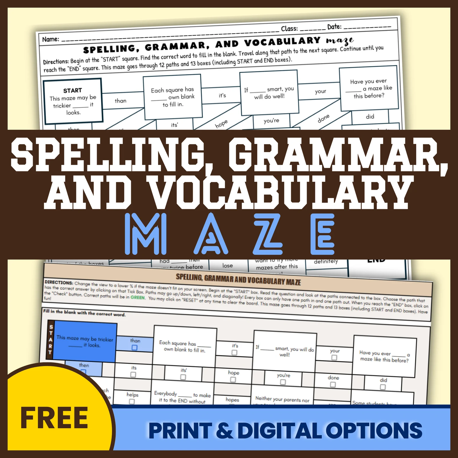 Spelling, Grammar and Vocabulary Maze for 4th Grade and Up, Print & Digital FREE