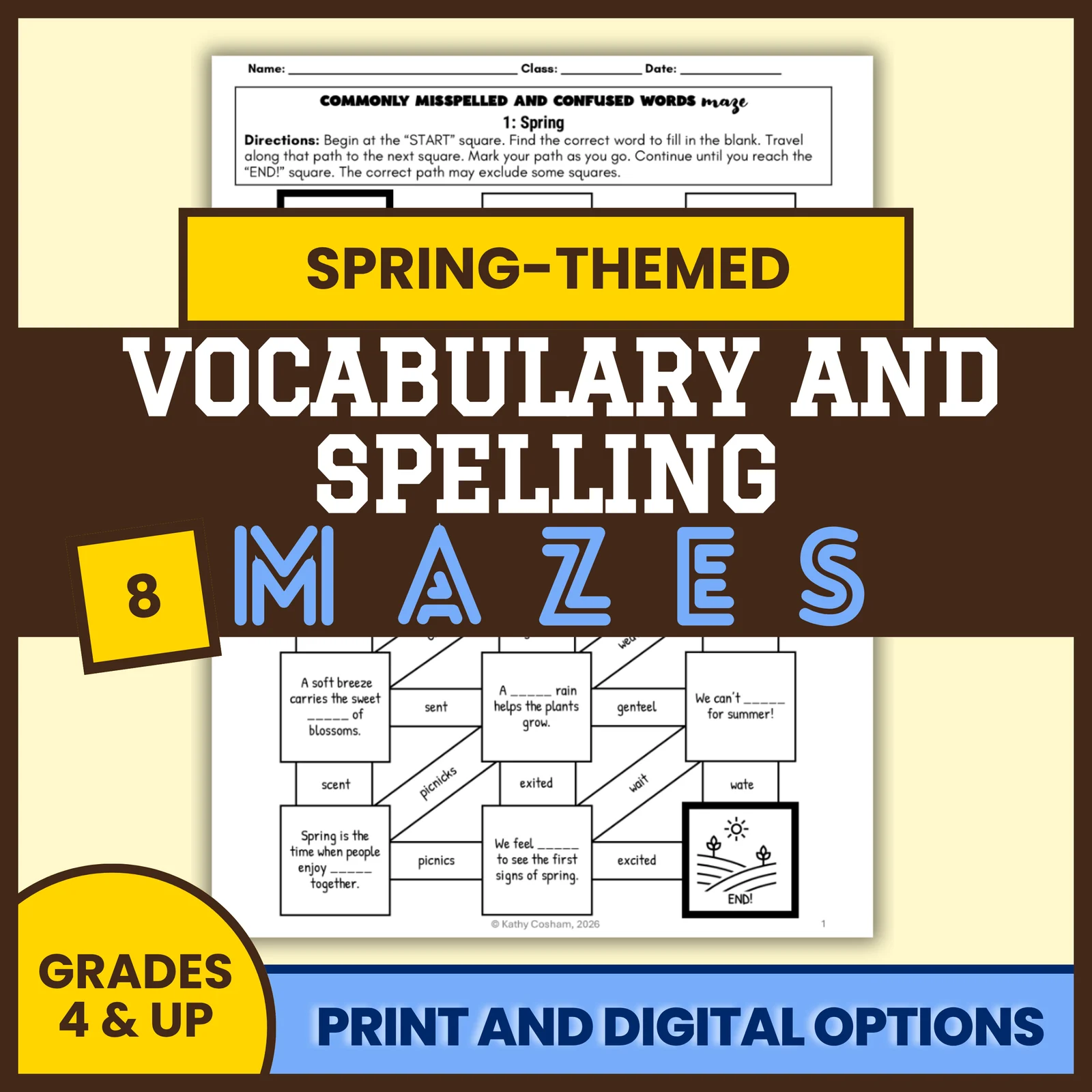 Spring-Themed Vocabulary and Spelling Mazes for Grades 4 & Up — Print & Digital
