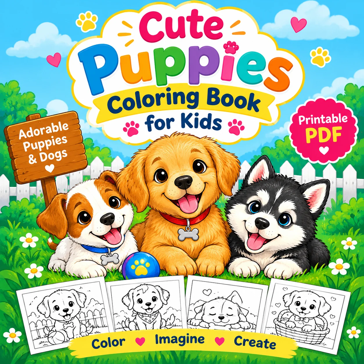 Cute Puppies Coloring Book for Kids – Printable Puppy Coloring 50 Pages