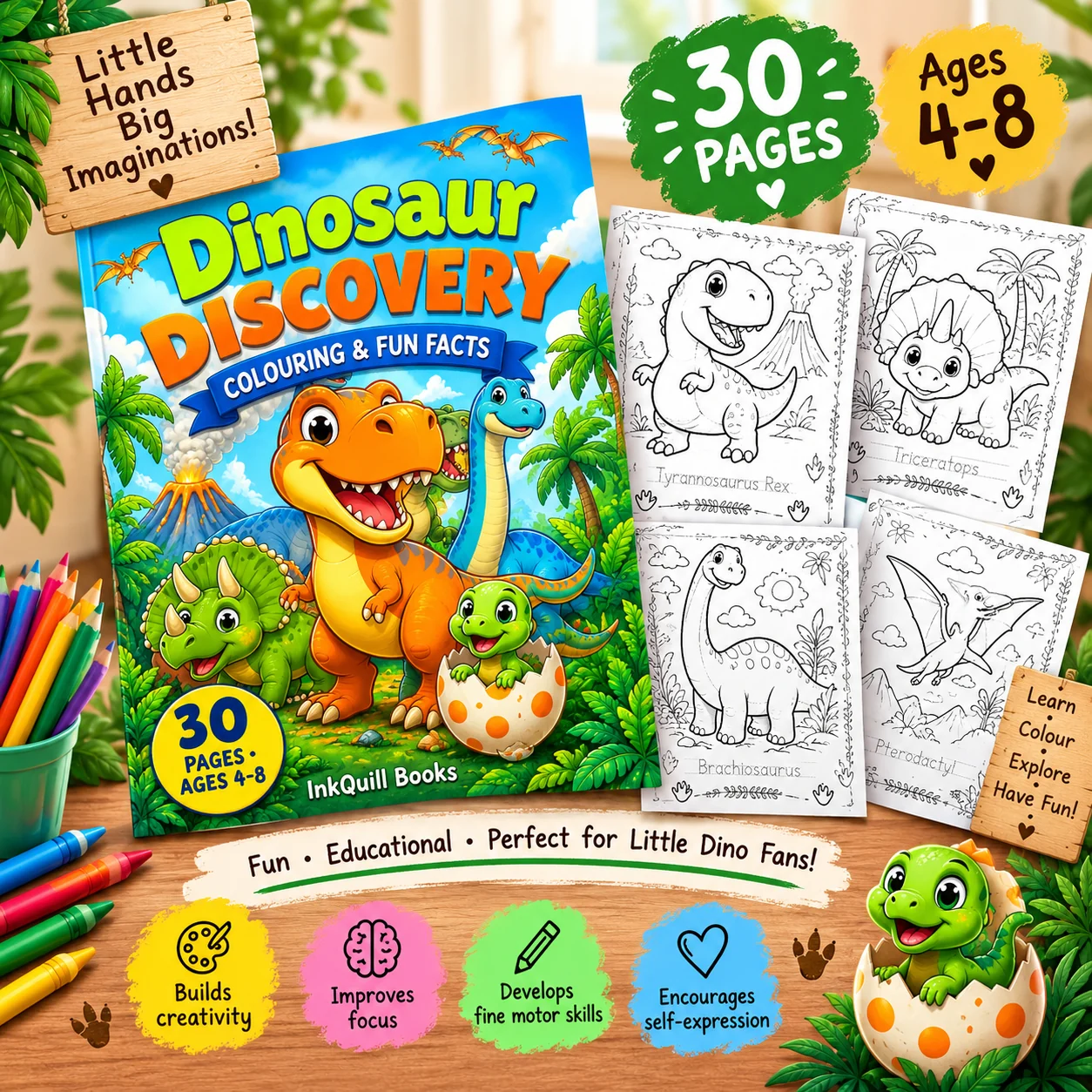 Dinosaur Discovery Colouring and Fun Facts | 30-Page Printable Dinosaur Activity Book for Kids Ages 4–8