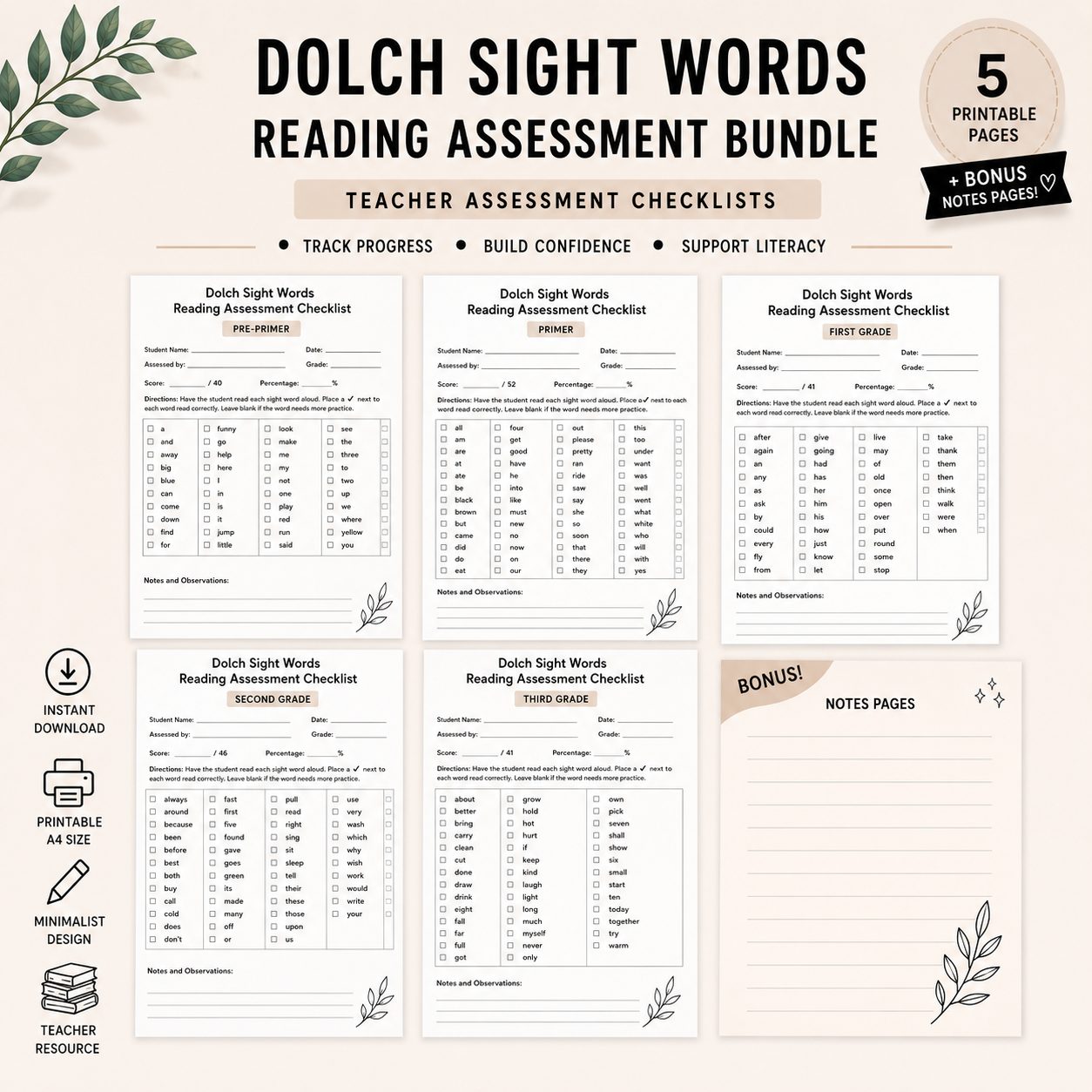 Dolch Sight Words Reading Assessment Bundle | Teacher Checklists