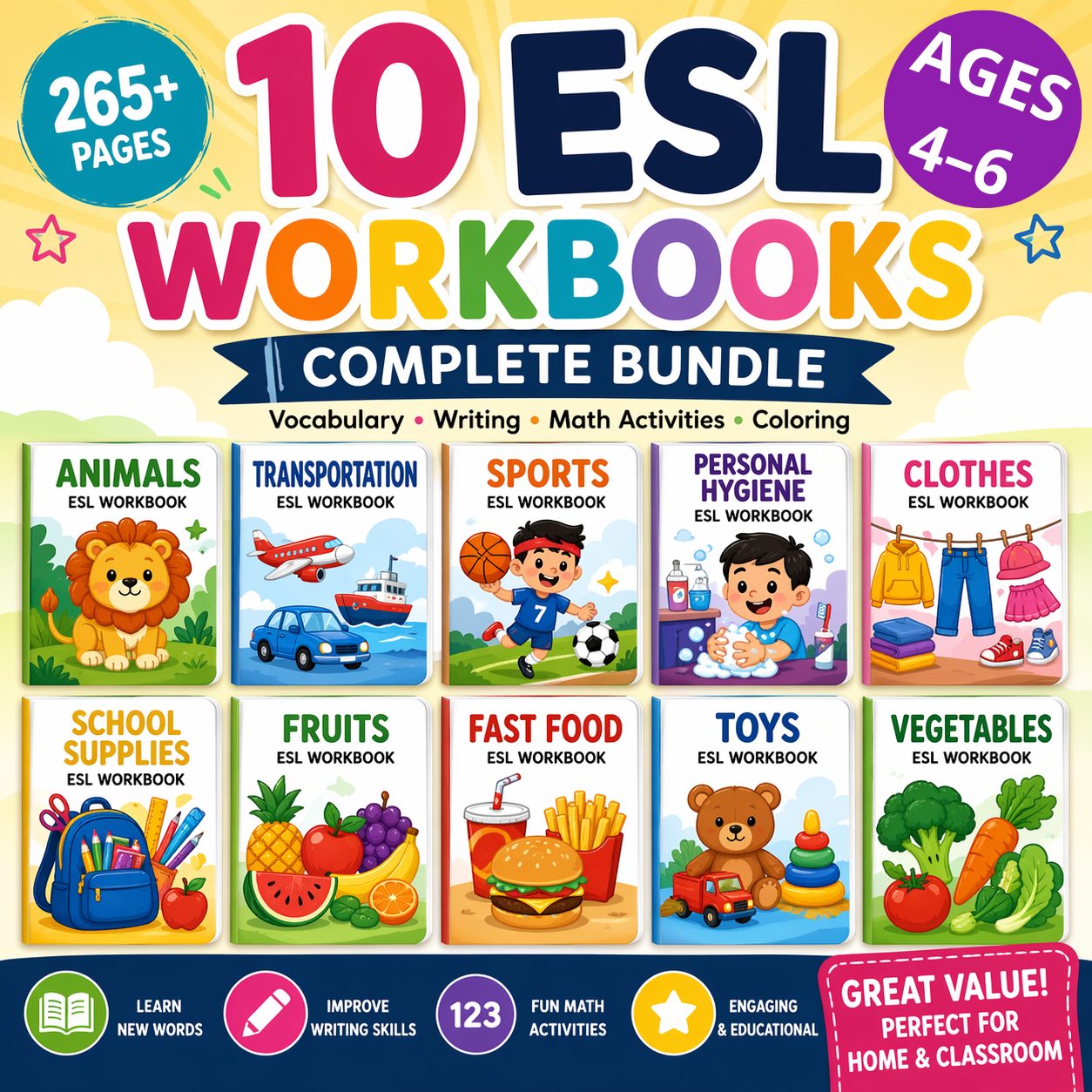 ESL Vocabulary Workbook Bundle | 10 Printable Themed Workbooks