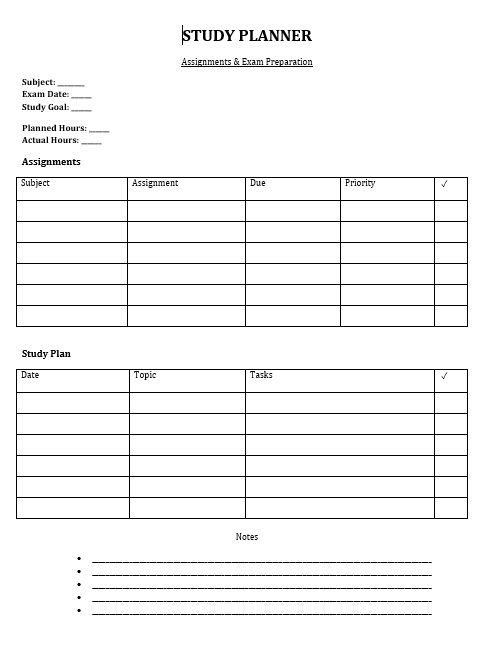 Study Planner Worksheet | Assignment & Exam Preparation Printable