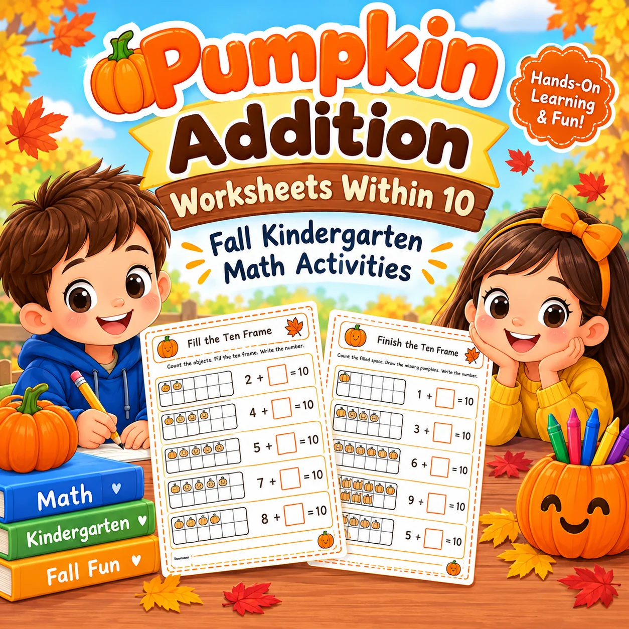 Pumpkin Addition Worksheets Within 10 | Fall Kindergarten Math Activities