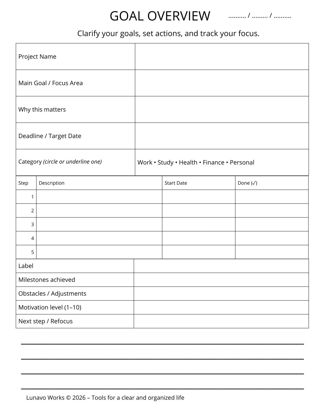 Goal Overview Worksheet | Printable Goal Planning Template