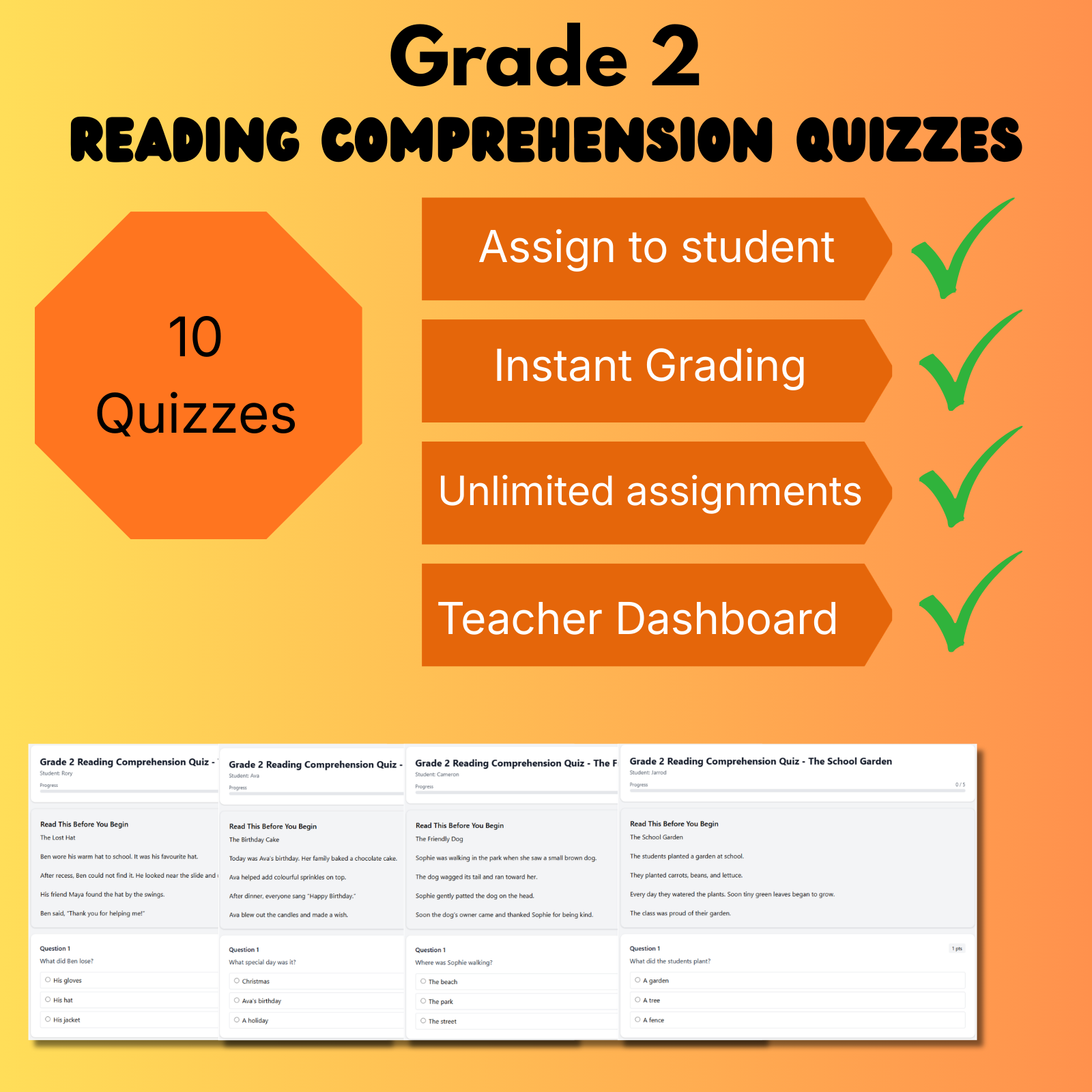 Grade 2 Reading Comprehension Quiz Bundle (10 quizzes)