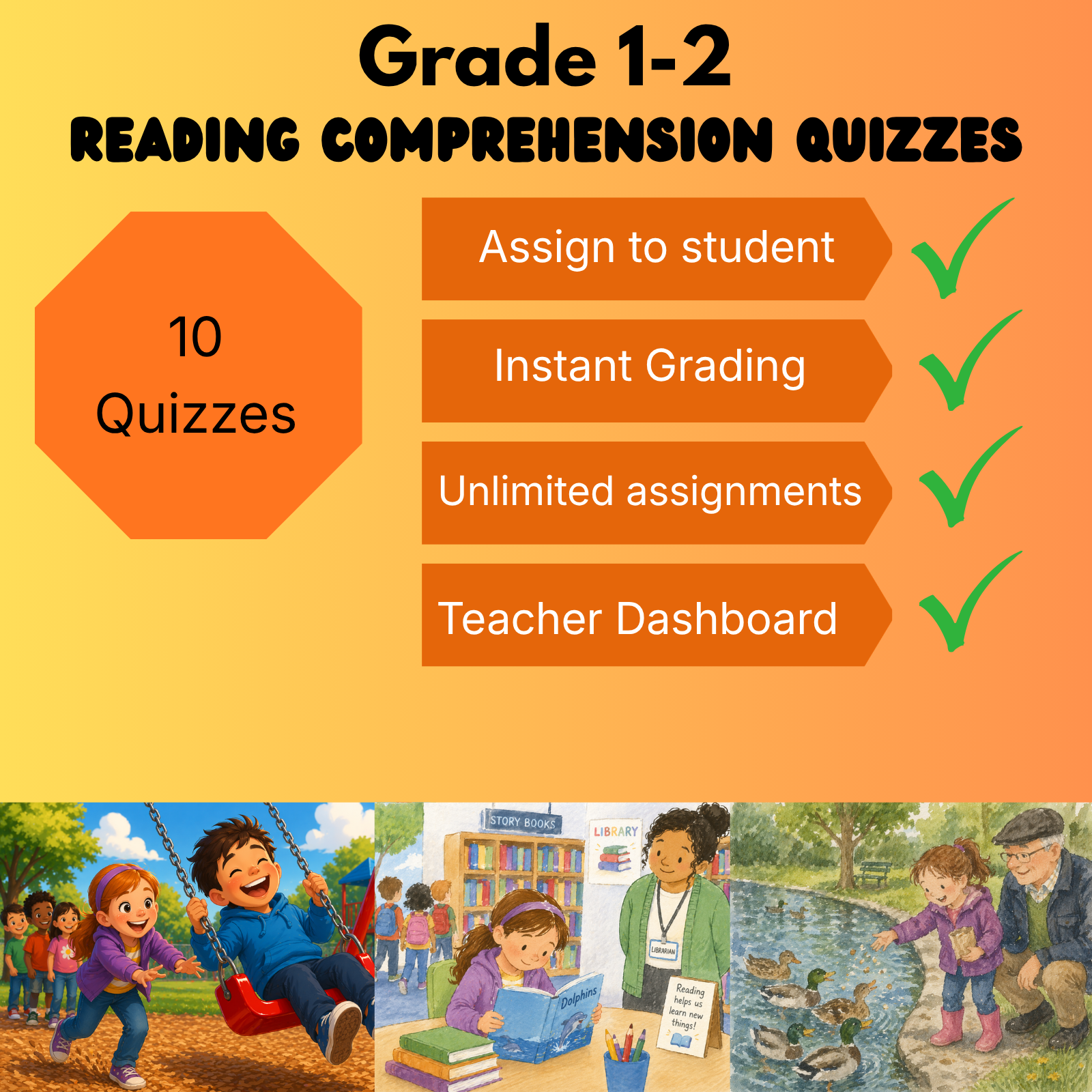 Grade 1 to 2 Reading Comprehension Quiz Bundle (10 quizzes) Supported Learning Quizzes