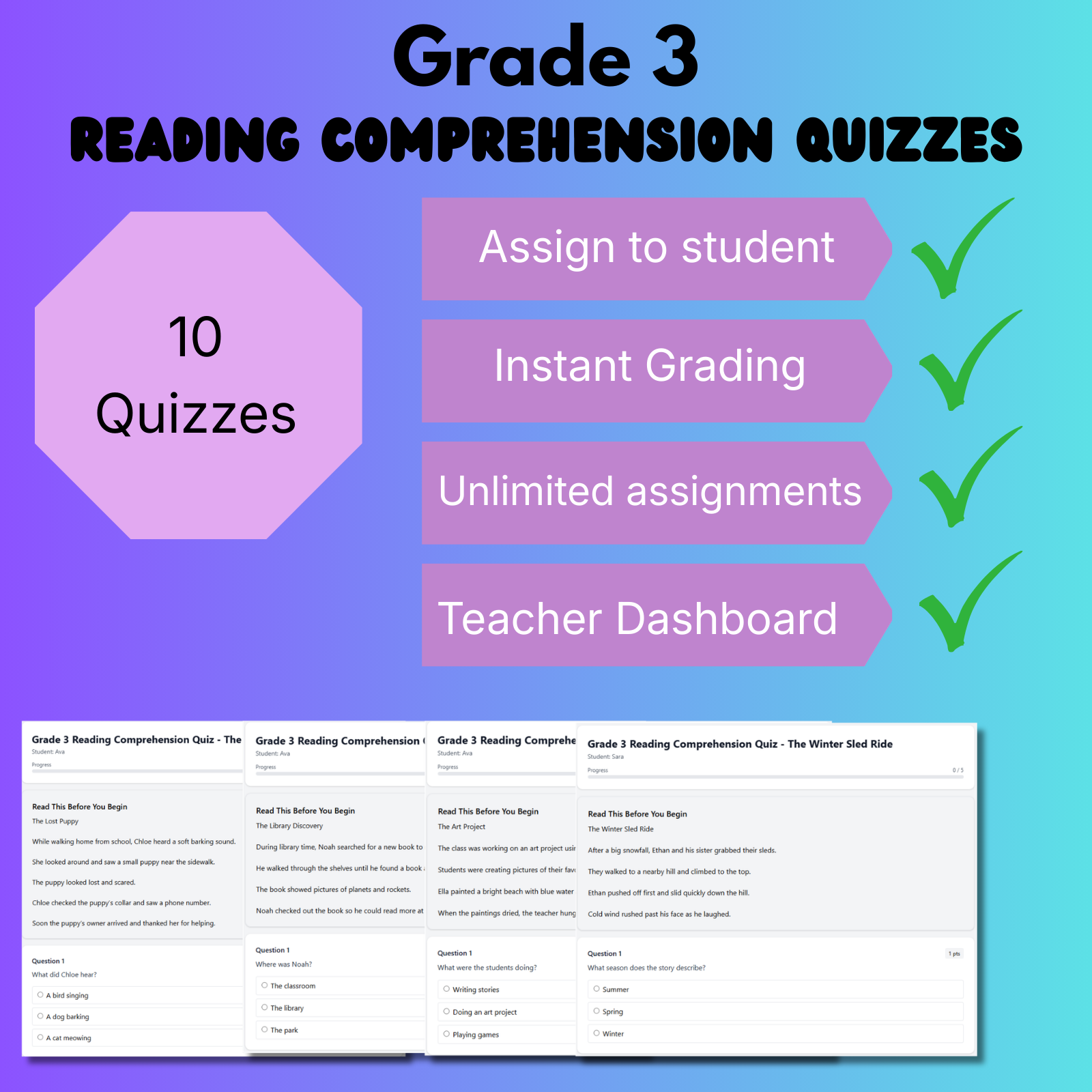Grade 3 Reading Comprehension Quiz Bundle (10 quizzes)