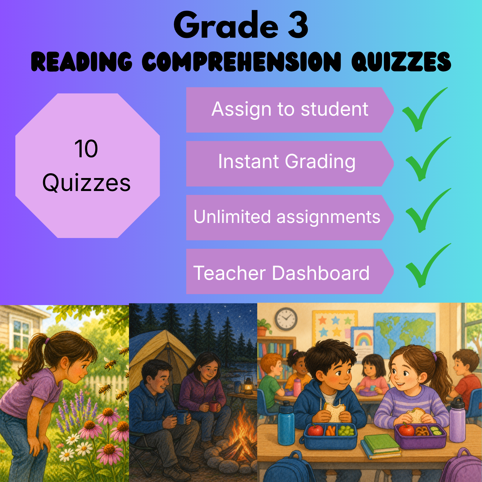 Grade 3 Reading Comprehension Quiz Bundle (10 quizzes) - Supported Learning Quizzes
