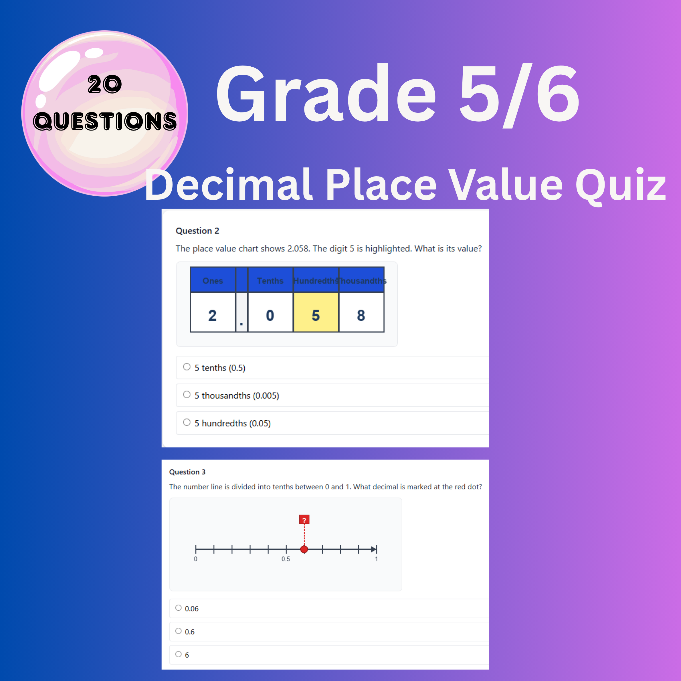 Year 5/6 Decimal Place Value Quiz (Print or complete online)
