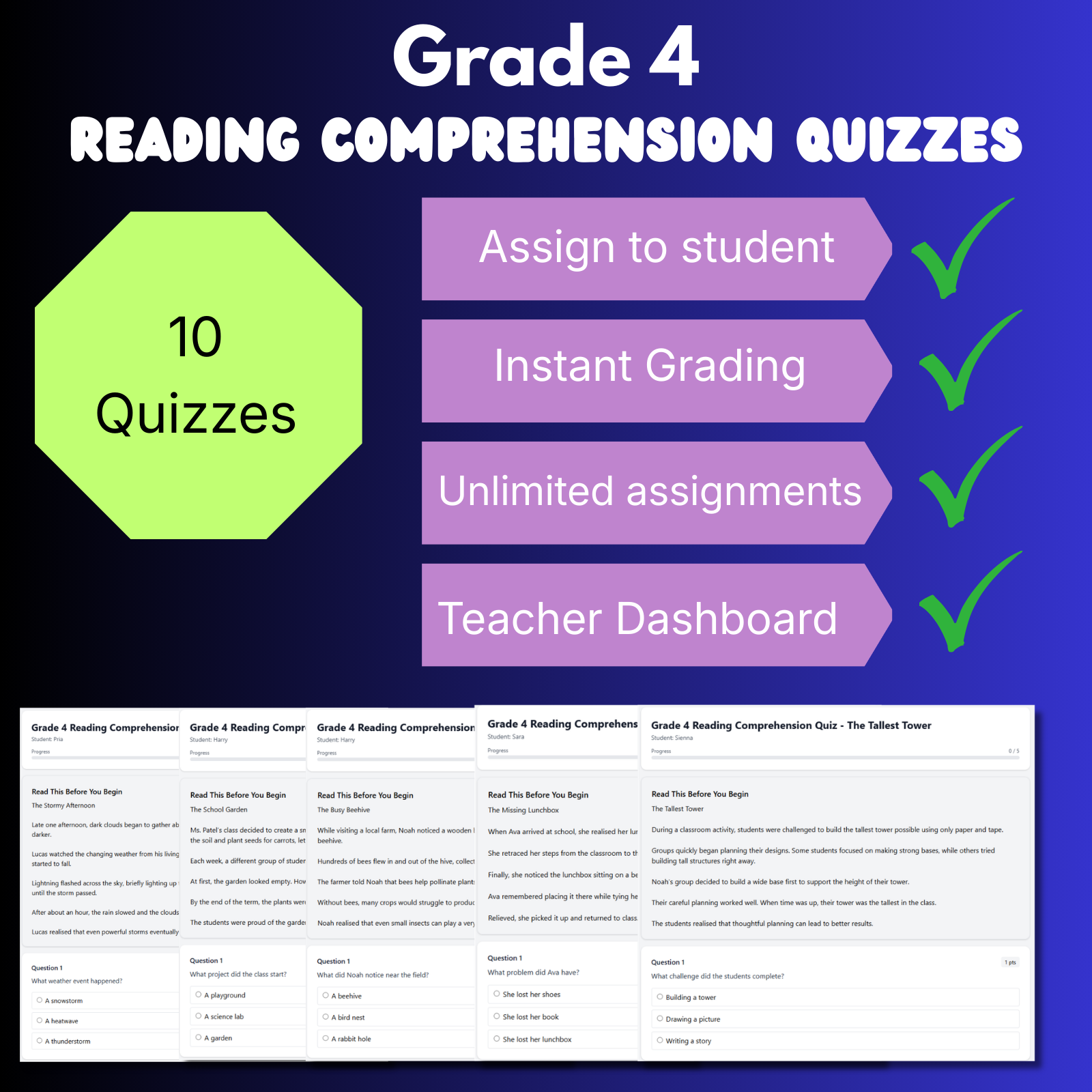 Grade 4 Reading Comprehension Quiz Bundle (10 quizzes)