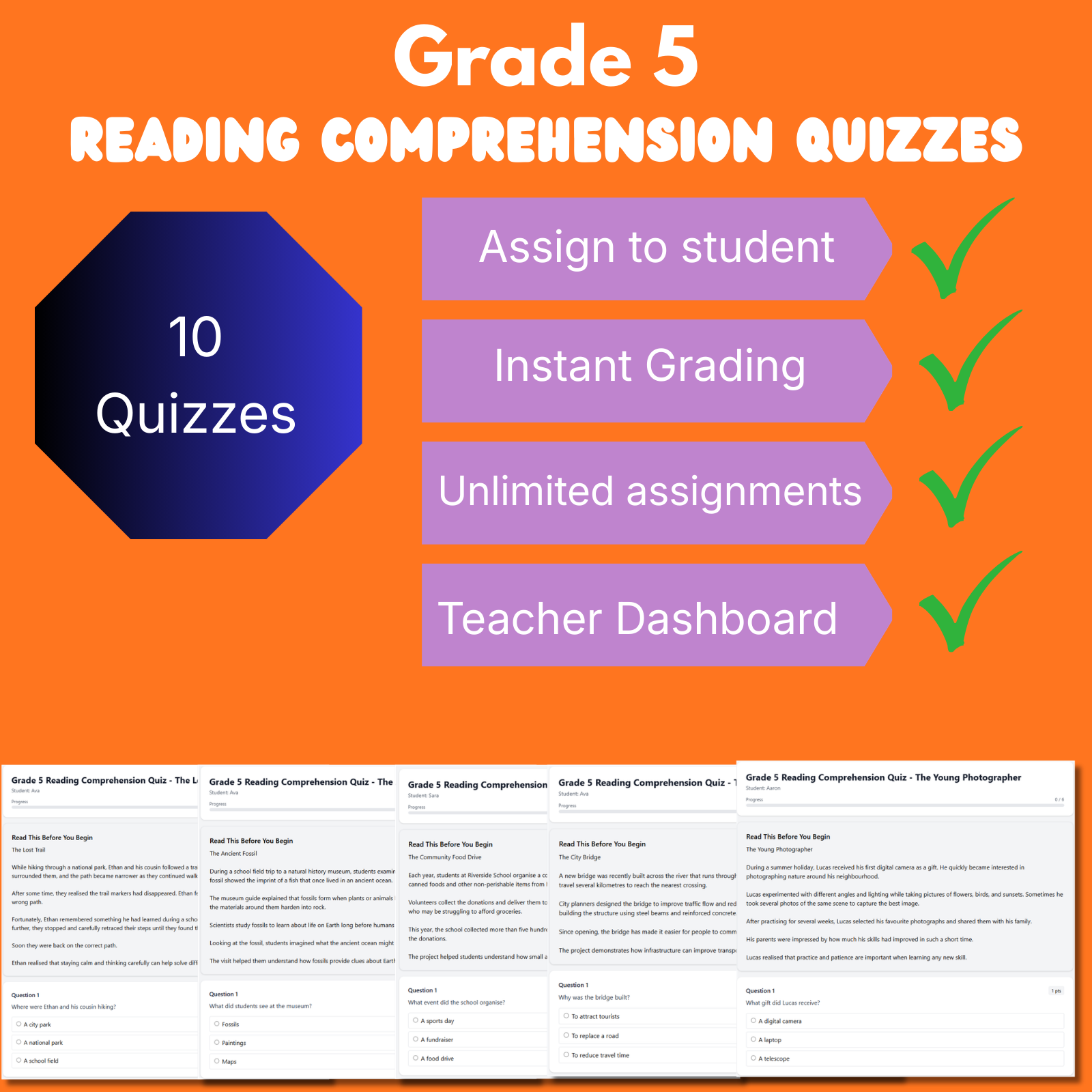 Grade 5 Reading Comprehension Quiz Bundle (10 quizzes)
