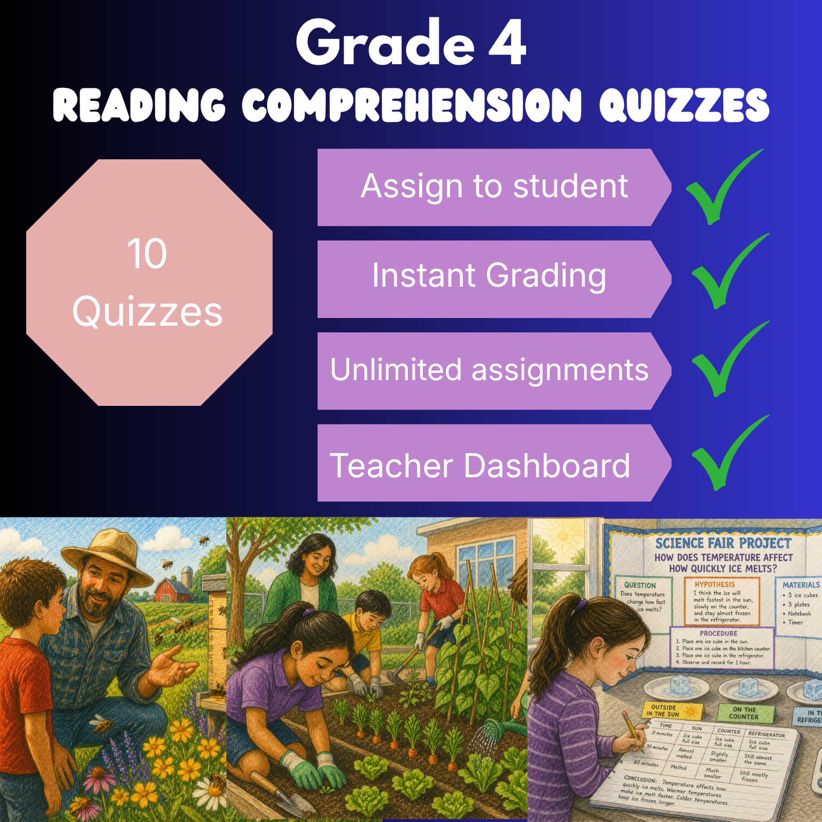 Grade 4 Reading Comprehension Quiz Bundle (10 quizzes) - Supported Learning Quizzes